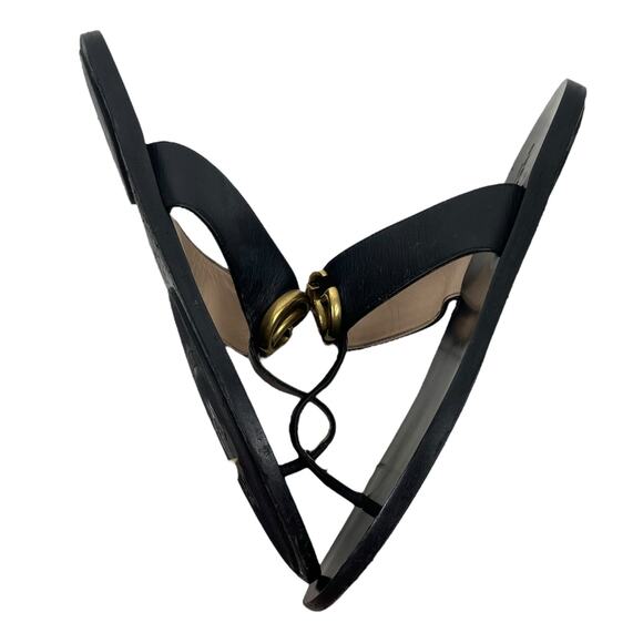 Gucci Black Leather Thong Sandals Gold Double G Logo Size 37 - Picture 8 of 13